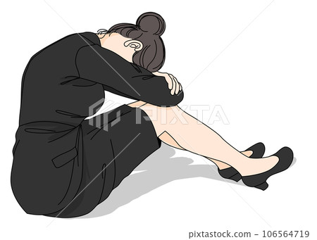 一個憂心忡忡的女人坐著抱著膝蓋的彩色插圖 106564719