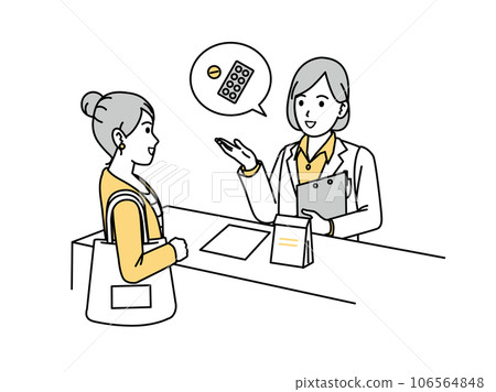 A female pharmacist wearing a white coat explaining medicine A female pharmacist wearing a white coat explaining medicine 106564848