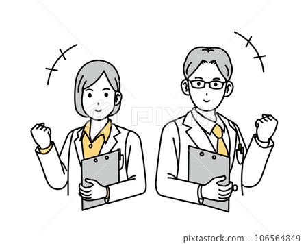 Male and female doctors wearing white coats doing guts pose Male and female doctors wearing white coats doing guts pose 106564849