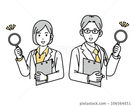 身穿白大褂的男性和女性醫生帶著放大鏡 106564851
