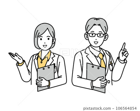 Male and female doctors in white coats explaining and speaking 106564854