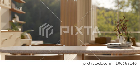 Empty space on a beautiful dining table in a cozy Scandinavian dining room or kitchen. 106565146