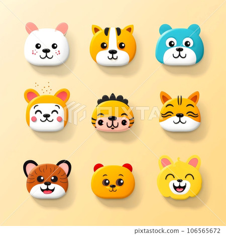 Set of animal faces, face emojis, stickers, emoticons,cartoon funny mascot characters face set, Generative AI illustration Set of animal faces, face emojis, stickers, emoticons,cartoon funny mascot characters face set, Generative AI illustration 106565672