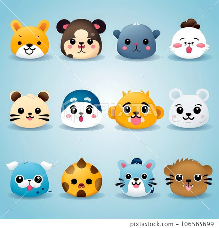 Set of animal faces, face emojis, stickers, emoticons,cartoon funny mascot characters face set, Generative AI illustration Set of animal faces, face emojis, stickers, emoticons,cartoon funny mascot characters face set, Generative AI illustration 106565699