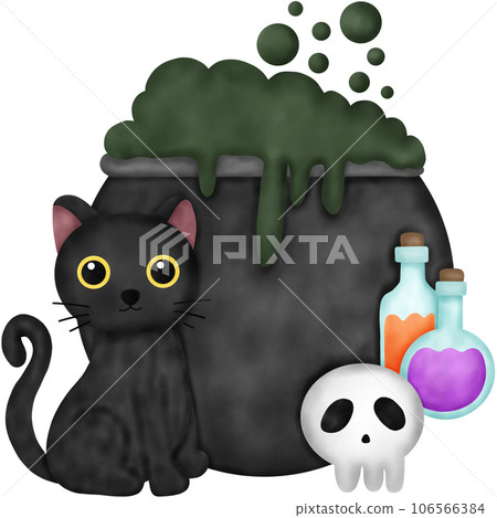 Watercolor Black Cat with Cauldron and Poison Bottle Watercolor Black Cat with Cauldron and Poison Bottle 106566384
