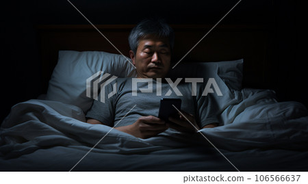Japanese man touches his smartphone while lying on bed in a dark room 106566637