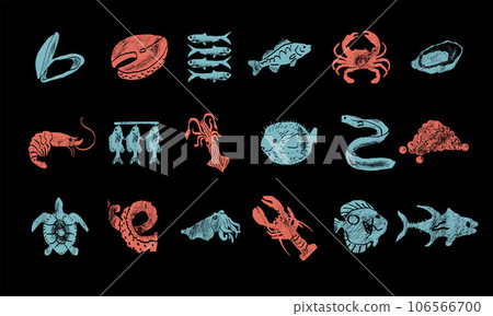 Fishes, arthropods and seafood in a abstract draw design. Simple, flat design. Patterns and backgrounds. 106566700