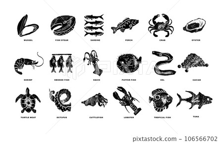 Fishes, arthropods and seafood in a abstract draw design. Simple, flat design. Patterns and backgrounds. Fishes, arthropods and seafood in a abstract draw design. Simple, flat design. Patterns and backgrounds. 106566702