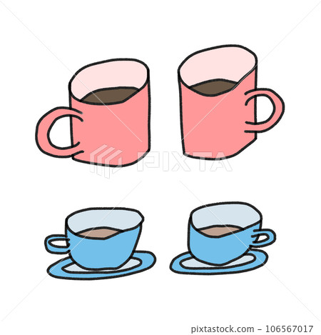 Illustration of a pair of pink mugs and a pair of blue teacups Illustration of a pair of pink mugs and a pair of blue teacups 106567017