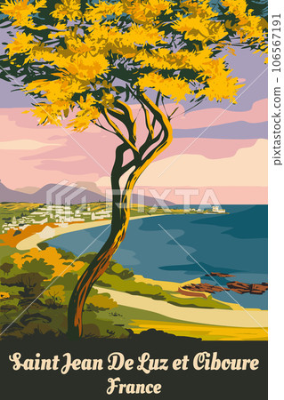 French Saint Jean de Luz coast poster vintage. Resort, coast, sea, seaview. Retro style illustration vector 106567191