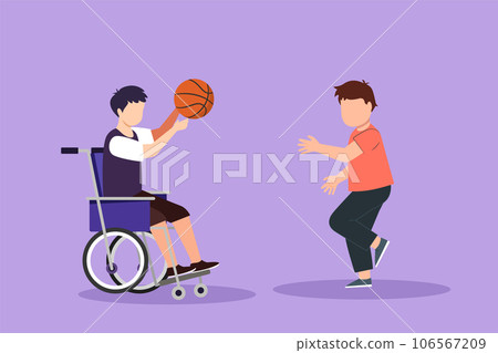 Graphic flat design drawing happy lifestyle of disabled people concept. Little cute boy in wheelchair playing ball with male friend outdoors living active lifestyle. Cartoon style vector illustration Graphic flat design drawing happy lifestyle of disabled people concept. Little cute boy in wheelchair playing ball with male friend outdoors living active lifestyle. Cartoon style vector illustration 106567209