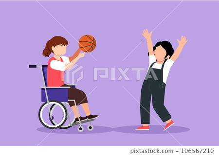 Cartoon flat style drawing of happy lifestyle of disabled people concept. Little girl in wheelchair playing ball with female friend outdoors living active lifestyle. Graphic design vector illustration Cartoon flat style drawing of happy lifestyle of disabled people concept. Little girl in wheelchair playing ball with female friend outdoors living active lifestyle. Graphic design vector illustration 106567210