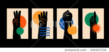 Abstract poster collection with hands. Ink graphic with geometrical shapes on back. Label or poster, price tag. Simple, flat design. Patterns and backgrounds. For poster, cover, banner. 106567236