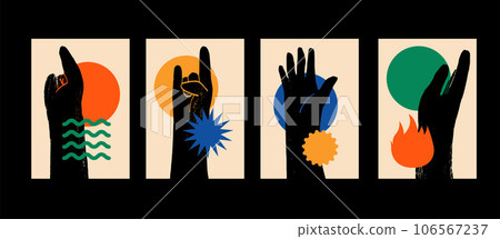 Abstract poster collection with hands. Ink graphic with geometrical shapes on back. Label or poster, price tag. Simple, flat design. Patterns and backgrounds. For poster, cover, banner. Abstract poster collection with hands. Ink graphic with geometrical shapes on back. Label or poster, price tag. Simple, flat design. Patterns and backgrounds. For poster, cover, banner. 106567237