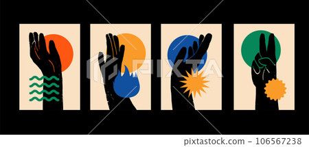 Abstract poster collection with hands. Ink graphic with geometrical shapes on back. Label or poster, price tag. Simple, flat design. Patterns and backgrounds. For poster, cover, banner. Abstract poster collection with hands. Ink graphic with geometrical shapes on back. Label or poster, price tag. Simple, flat design. Patterns and backgrounds. For poster, cover, banner. 106567238