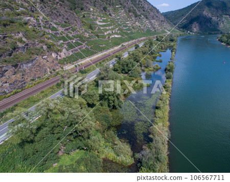 Aerial view Famous German Wine Region Moselle River Lay and Guels village Autumn Fall colors Aerial view Famous German Wine Region Moselle River Lay and Guels village Autumn Fall colors 106567711