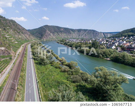 Aerial view Famous German Wine Region Moselle River Lay and Guels village Autumn Fall colors Aerial view Famous German Wine Region Moselle River Lay and Guels village Autumn Fall colors 106567713
