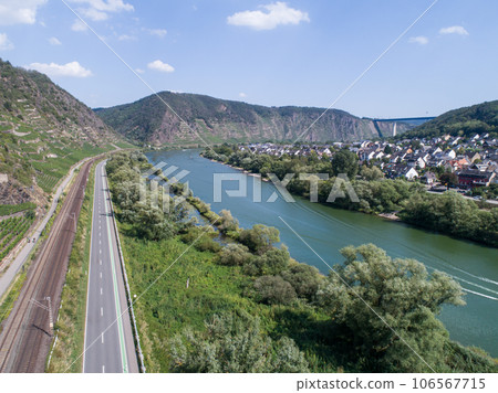 Aerial view Famous German Wine Region Moselle River Lay and Guels village Autumn Fall colors Aerial view Famous German Wine Region Moselle River Lay and Guels village Autumn Fall colors 106567715