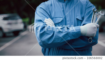 Close up of professional mechanic arm cross while holding wrench and wear blue uniform. Mechanic holding a spanner getting ready to work on a car at his workshop. Car mechanic proudly posing. Close up of professional mechanic arm cross while holding wrench and wear blue uniform. Mechanic holding a spanner getting ready to work on a car at his workshop. Car mechanic proudly posing. 106568002