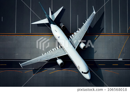 Aerial view of a commercial airplane parked on the runway, with a terminal and control tower in the background. Aviation industry and air travel concept. AI Generative. 106568018