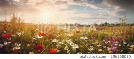 A tranquil and peaceful scenery of a stunning flower field with pink and white blooms under a clear blue sky and green grass. AI Generative. 106568020