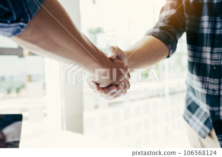 Two engineering man with construction worker greeting a foreman at renovating apartment. 106568124