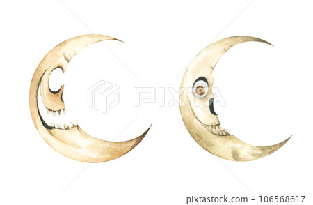 Set of moon with face in vintage style. Watercolor illustration. 106568617