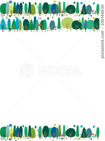 Scandinavian style green trees, flowers and leaves frame vertical 106568630
