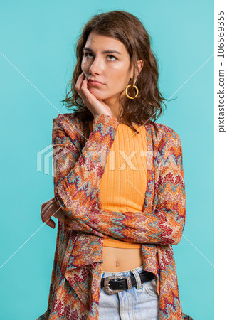 Woman tired bored expression, exhausted of tedious story, not interested in communication talk Woman tired bored expression, exhausted of tedious story, not interested in communication talk 106569355