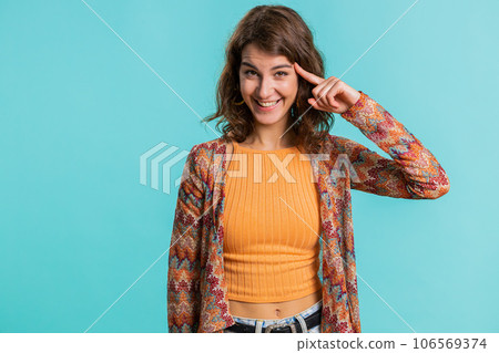 Displeased woman pointing at camera show stupid idiot gesture finger near head dumb insane plan idea Displeased woman pointing at camera show stupid idiot gesture finger near head dumb insane plan idea 106569374