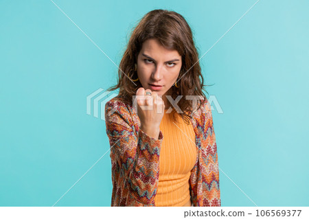Aggressive bully woman trying to fight at camera, shaking fist, boxing with expression, punishment 106569377