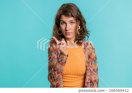 Woman having quarrel irritation displeasure, blaming scolding for failure, asking why this happened, 106569412