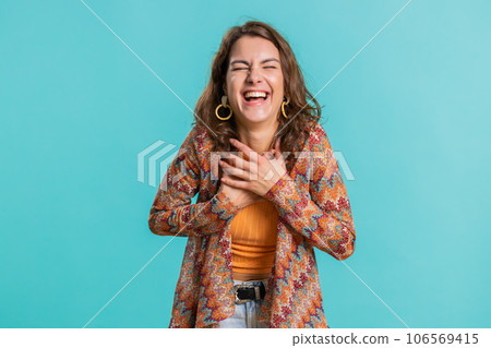Amused smiling cheerful woman laughing out loud funny ridiculous joke anecdote, bullying, abuse Amused smiling cheerful woman laughing out loud funny ridiculous joke anecdote, bullying, abuse 106569415