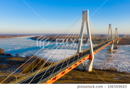 Aerial view of cable-stayed Murom Bridge across Oka river Aerial view of cable-stayed Murom Bridge across Oka river 106569683