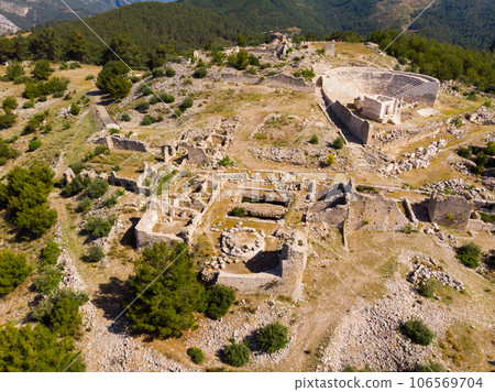 Aerial view of remains of ancient Lycian city of Rhodiapolis, Turkey 106569704