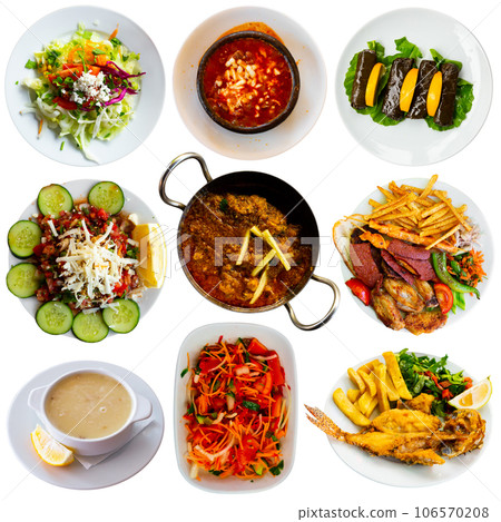 Collection of various traditional Turkish dishes on white background Collection of various traditional Turkish dishes on white background 106570208