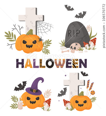 Halloween Collection. Cute pumpkin jack in witch hat with fly agarics, cemetery, cross, tombstone with bats and sweet candies. Vector illustration in cartoon style. Isolated festive horror on white. 106570772