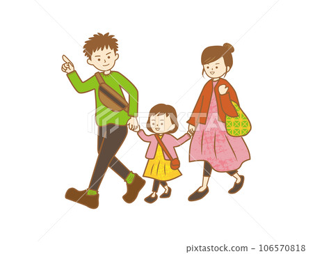 一家三口（女孩）手牽手享受秋冬郊遊 106570818