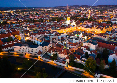 Aerial view of Ceske Budejovice at dusk, Czech Republic 106570991