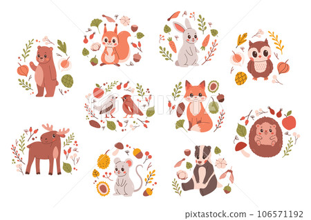 Woodland animals set. Cute fox, bear, elk, rabbit and birds. Perfect for scrapbooking, cards, poster, tag, sticker kit. 106571192
