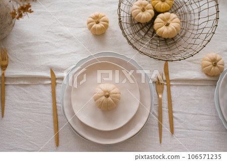 Thanksgiving table setting with pumpkins, autumn decorations in a modern kitchen. 106571235