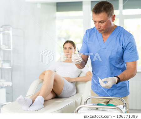 Surgeon makes an injection with syringe into knee of female patient in clinic 106571389