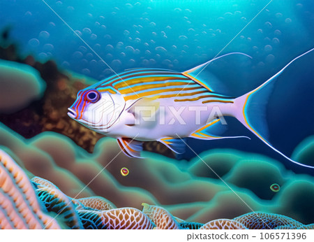 Side view of pennant coralfish swimming. Generated AI 106571396