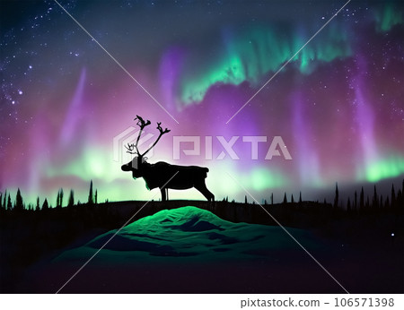 Silhouette of barren-ground caribou reindeer standing against aurora borealis. Generated AI 106571398