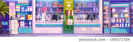 Medical store interior with counter and pharmacist Medical store interior with counter and pharmacist 106571584