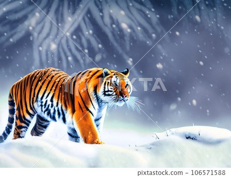 Amur of Siberian tiger Panthera tigris altaica in snow Heilongjiang China. Generated AI 106571588