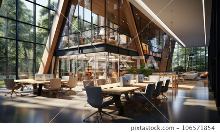 Modern open space office with no employees in luxury building. Large desks, office chairs, desktop computers. Stairs to the upper level. Glass walls with park view. Contemporary interior design. 106571854