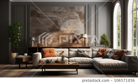 Front view of a modern classic living room. Gray wall with large abstract painting, trendy corner sofa, coffee table, decorative plants, large windows. Contemporary home design. Mockup, 3D rendering. 106571856
