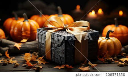 Halloween composition in dark tones. Elegant gift box with bow, several pumpkins, dry maple leaves, burning candles. Blurred background with bokeh effect. Halloween celebration concept. Template. 106571858