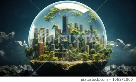Symbolic 3D image of the globe with elements of human activity and nature landscape. Eliminate waste and pollution, save clean planet. Saving nature for future generations. Earth Day, ecology concept. 106571860
